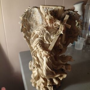 Elegant Angel Figurine with Cross - Cream and Brown